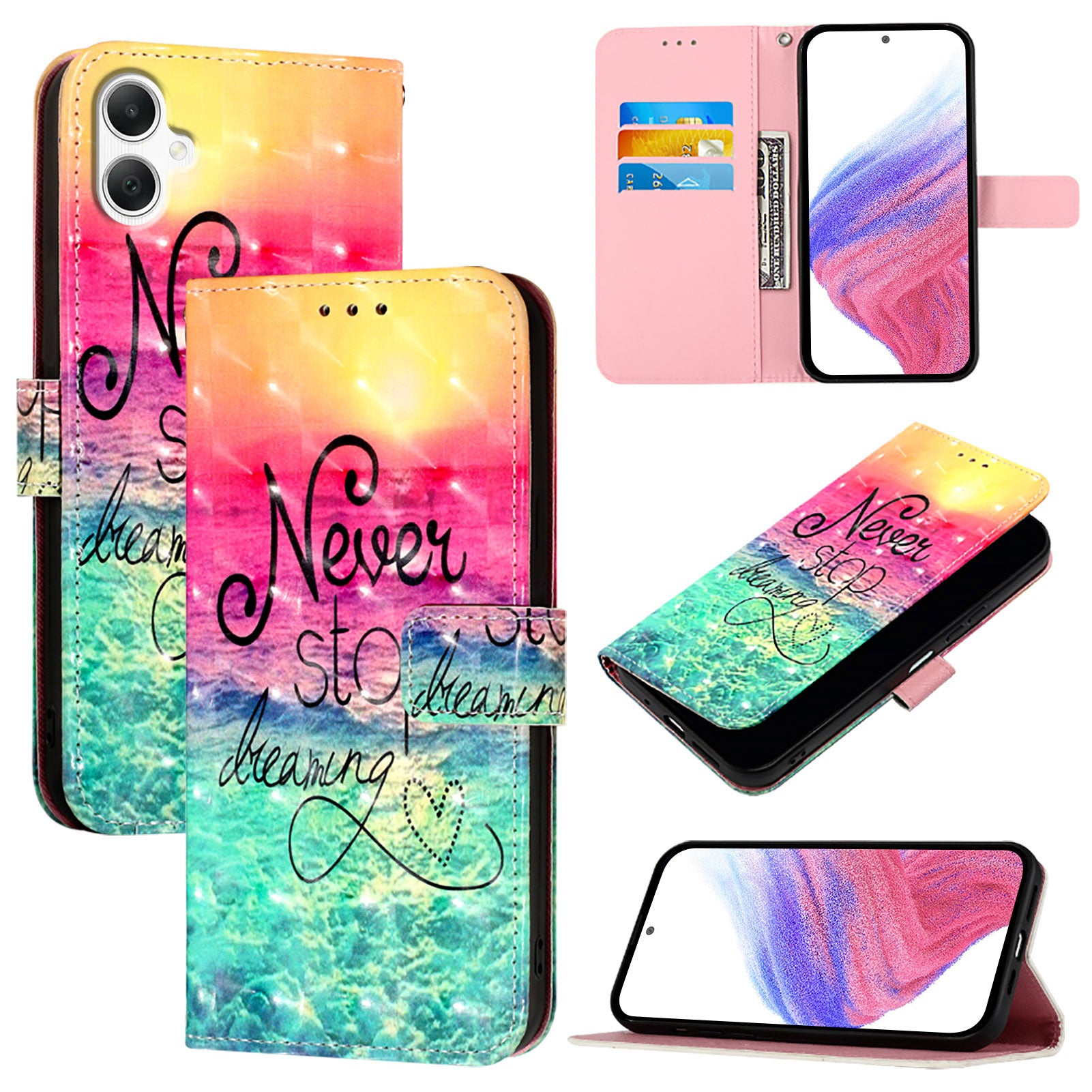 For Samsung Galaxy A06 Leather Case YB Pattern Printing Leather Series-2 Pattern Printing Wallet Stand Cover - Never Stop Dreaming For Samsung Galaxy A06 Leather Case YB Pattern Printing Leather Series-2 Pattern Printing Wallet Stand Cover - Never Stop Dreaming
